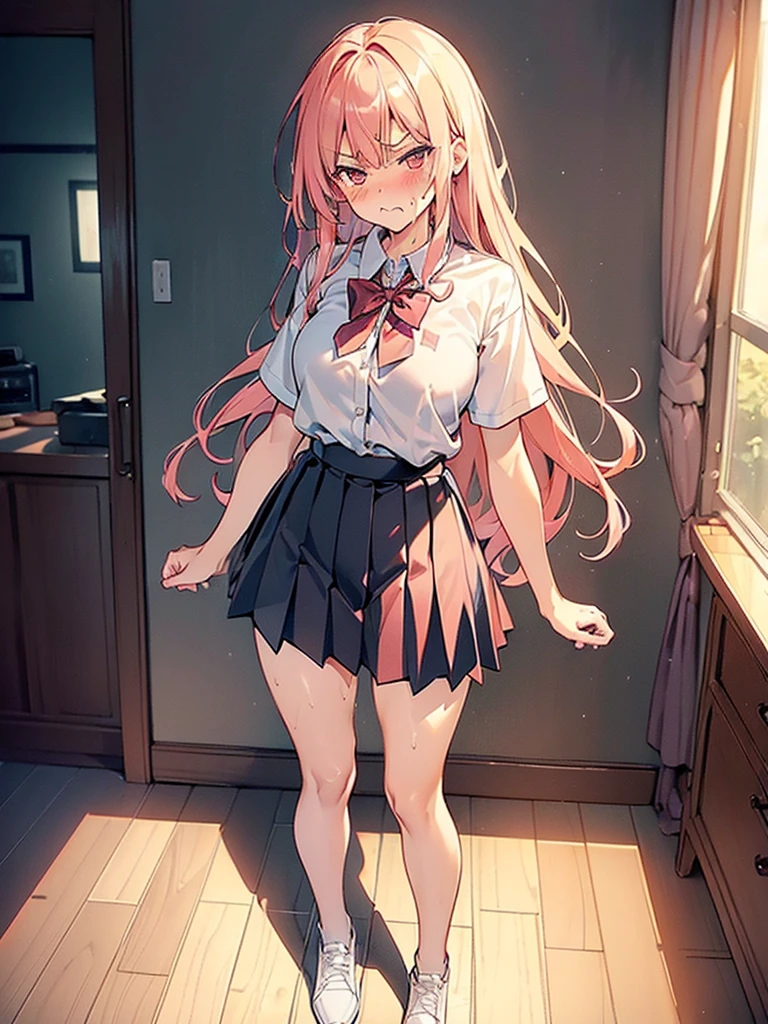 (((((Dildo on the floor:1.5, standing, spread legs:1.5, Point your knees outwards:1.5 ) behind head,spread legs, Push your hips forward,pussy juice , Voluptuous body, Slut、No pants, (Dildo on the floor, standing, spread,arms behind head, Point your knees outwards:1.5, Sweat, Angle from below)))), Realistic composition, Doujinshi scene,, Big Thighs, Pleated skirt, White Shirt, Angry face, blush, from below