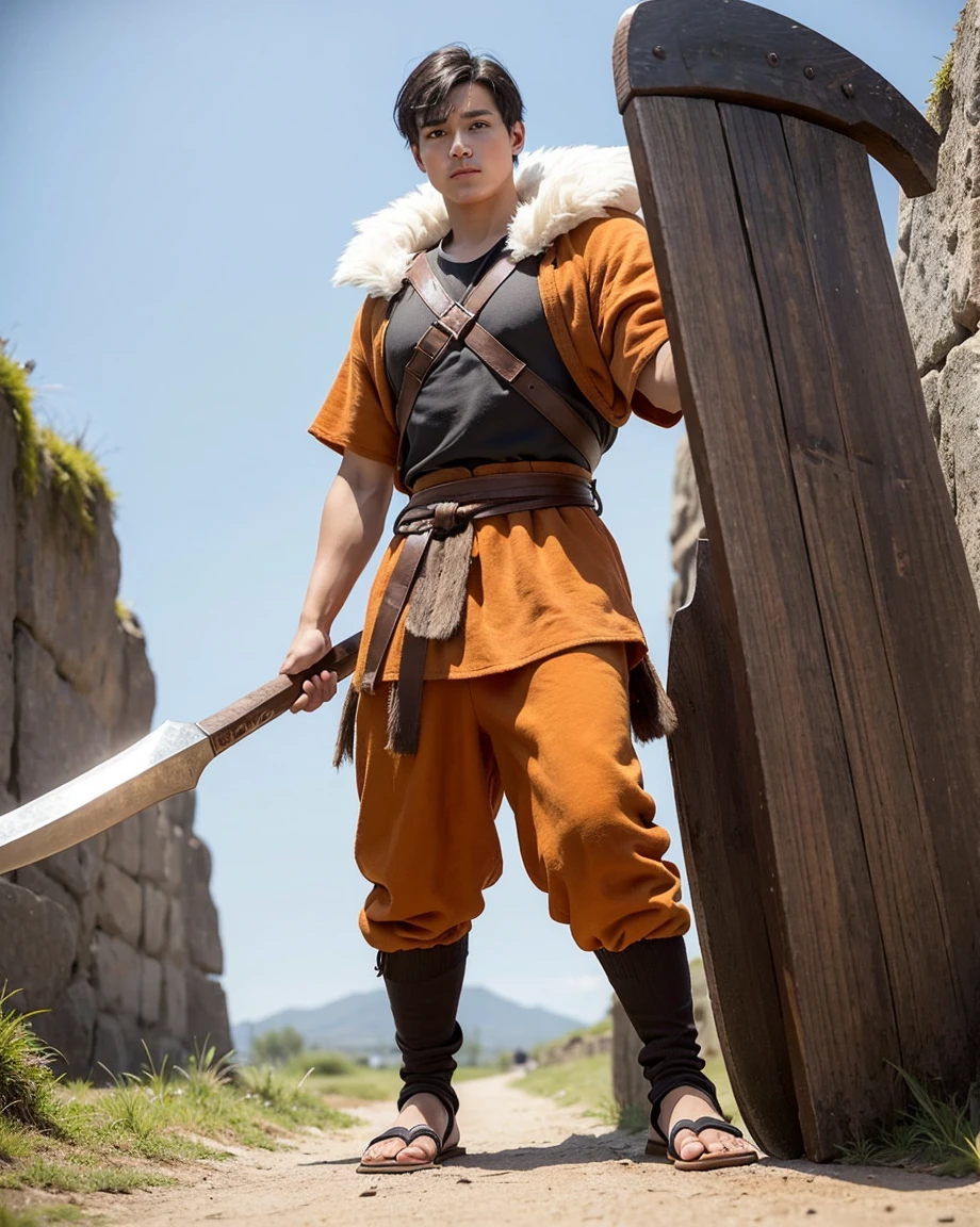 Youth with short black hair and brown eyes, fair skin and clean-shaven, dressed in short orange medieval barbarian fur tunic and trousers, weilding giant axe, sandals; fullbody; short hair, masculine, athletic