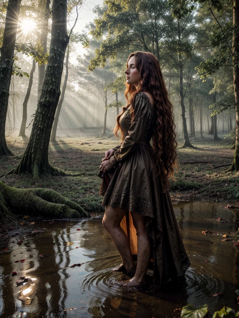 Jan Matejko's style. A portrait depicting a mature woman as Ophelia in sunlight with dirty, long red wavy hair. A pose full of resignation. Side view. Wearing a worn and torn long lace dress from the Middle Ages. She stands knee-deep in water. The long dress is wet and stained with mud. All around there is a dense and gloomy swampy forest shrouded in morning fog. Sunlight creates an interesting chiaroscuro, vivid colors. Lots of broken trees and branches. Forest lake in the background.