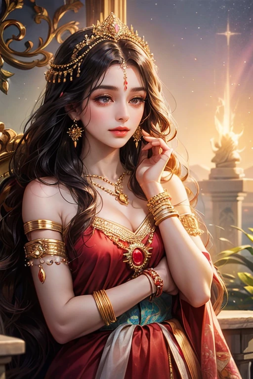 Goddess parvati, very beautiful, animated style, closeup shot, anime in a red indian dress, long black wavy hair untied, head jewellery, necklace, earings, armlets, bangles and bracelets, rings, pleasant expression, bright big black eyes, holding a flower, natural beauty, vibrant colors, dreamy, northern light, pink bubble, romantic, soft lighting, vintage aesthetic