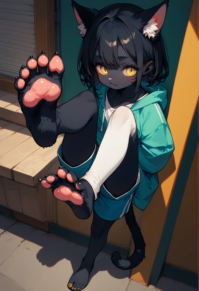 score_9,score_8_up,score_7_up,score_6_up,score_5_up, source_furry, hadrian,from above,fisheye,standing and show foot,shanding and show sole,standing on one leg,foot focus,sole,barefoot,no shoes, furry female, cat girl, black fur, yellow eyes, black hair, paw_sloe,sharp_toenails, pawpads, shorts