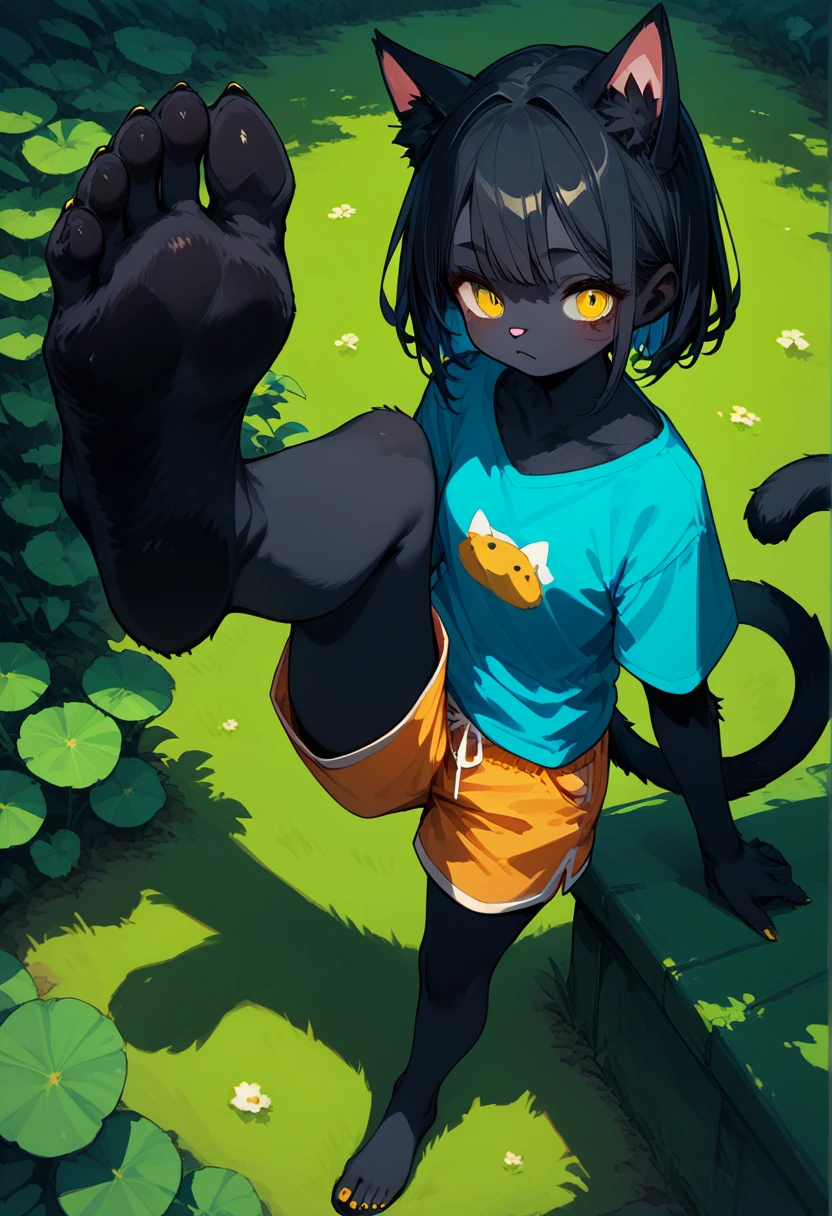 score_9,score_8_up,score_7_up,score_6_up,score_5_up, source_furry, hadrian,from above,fisheye,standing and show foot,shanding and show sole,standing on one leg,foot focus,sole,barefoot,no shoes,  furry female, cat girl, black fur, yellow eyes, black hair, paw_sloe,sharp_toenails, pawpads, shorts