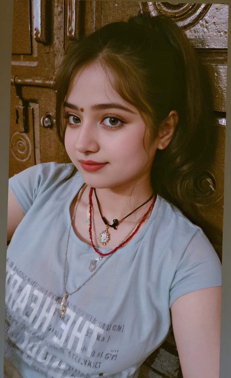 (((desi girl))), chubby face, natural skin, wearing hot deep neck top and dupatta, charming black hair, ((hair ends are blonde)), city streets background, bokeh