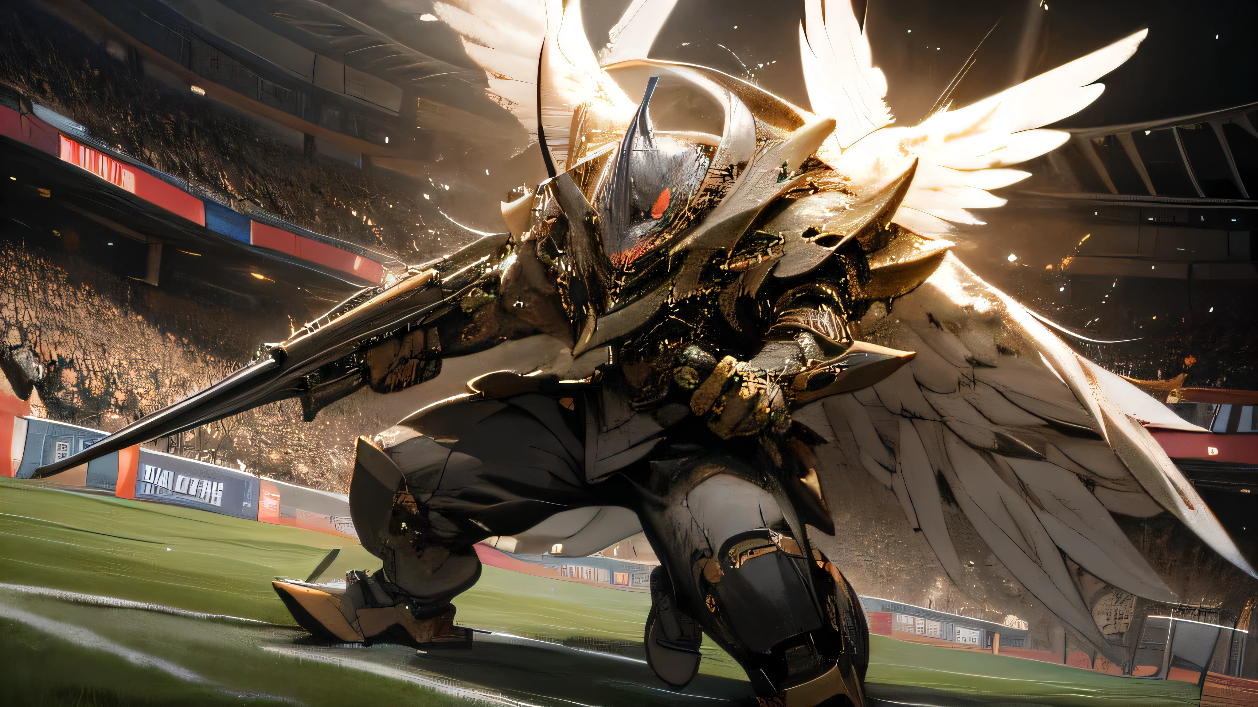 mechanic style, super fine illustration, highly detailed, dynamic angle, beautiful detailed, 8k, At night, in an illuminated fired soccer stadium, the pitch covered in 金属, BREAK a soccer match is taking place. BREAK A robot player, contending with an opponent, attempts a heading with a desperate expression. BREAK The soccer ball is in the air.{masterpiece},{best quality},{best detailed},{coolest},human_no,{Angels and demons are fighting},MECA,best scene,perfect hands,{perfect face},Wings are growing
