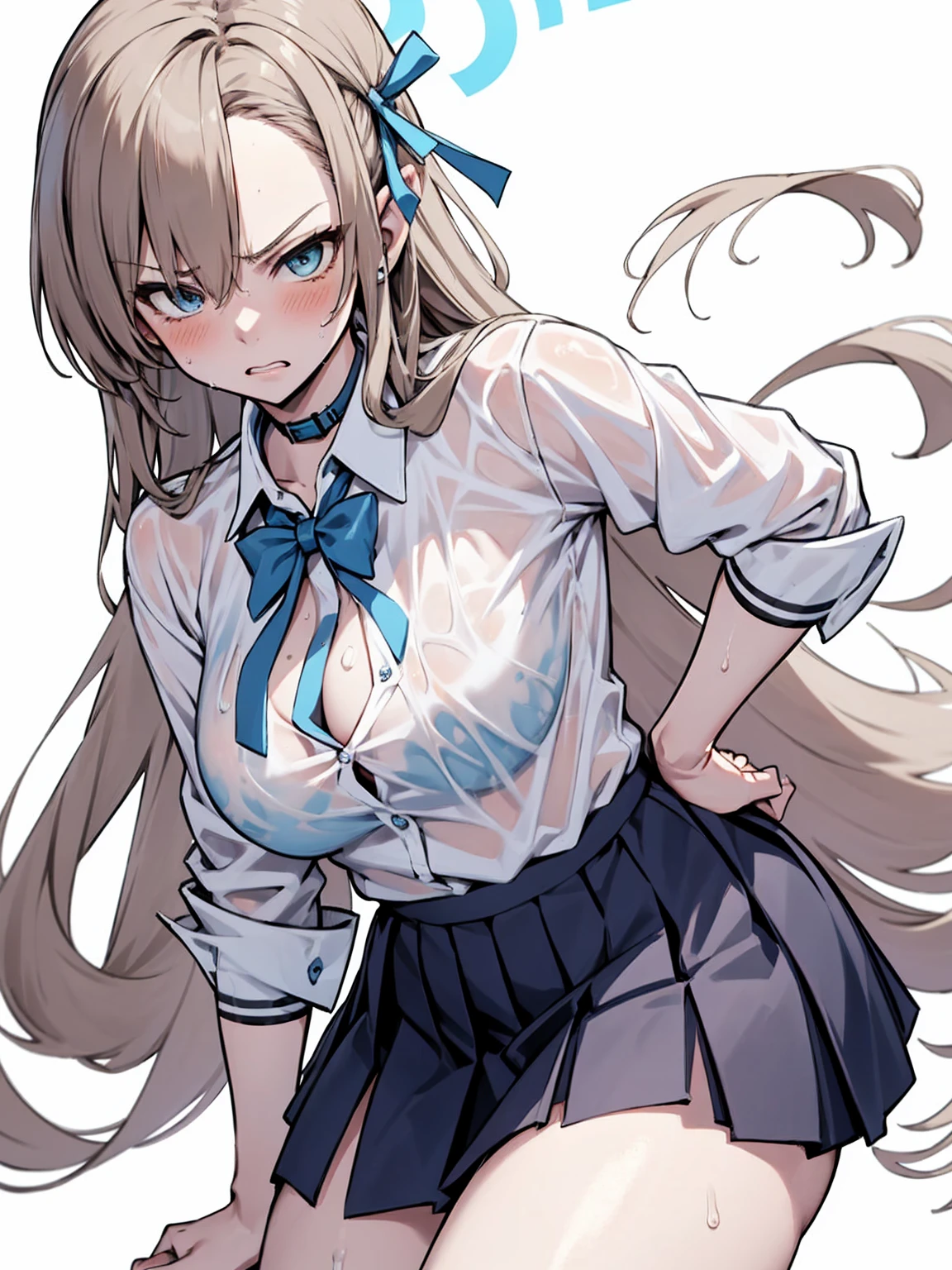 Ichinose Asuna, ((white background)), Gal, Pleated skirt, ((White Shirt:1.3)), Wearing a wet white shirt, Thigh, Angry face, blush:1.3, Angry face, heavy breathing,