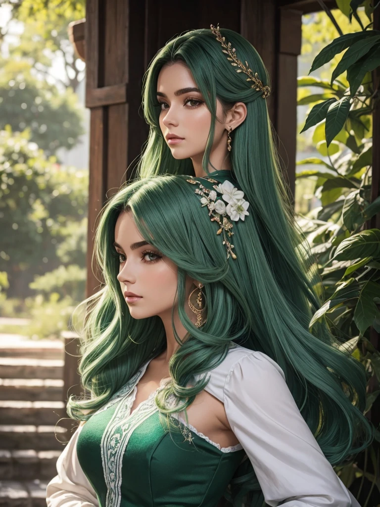 Mulher de cabelo verde longo e rosto arredondado . Roupa de couro