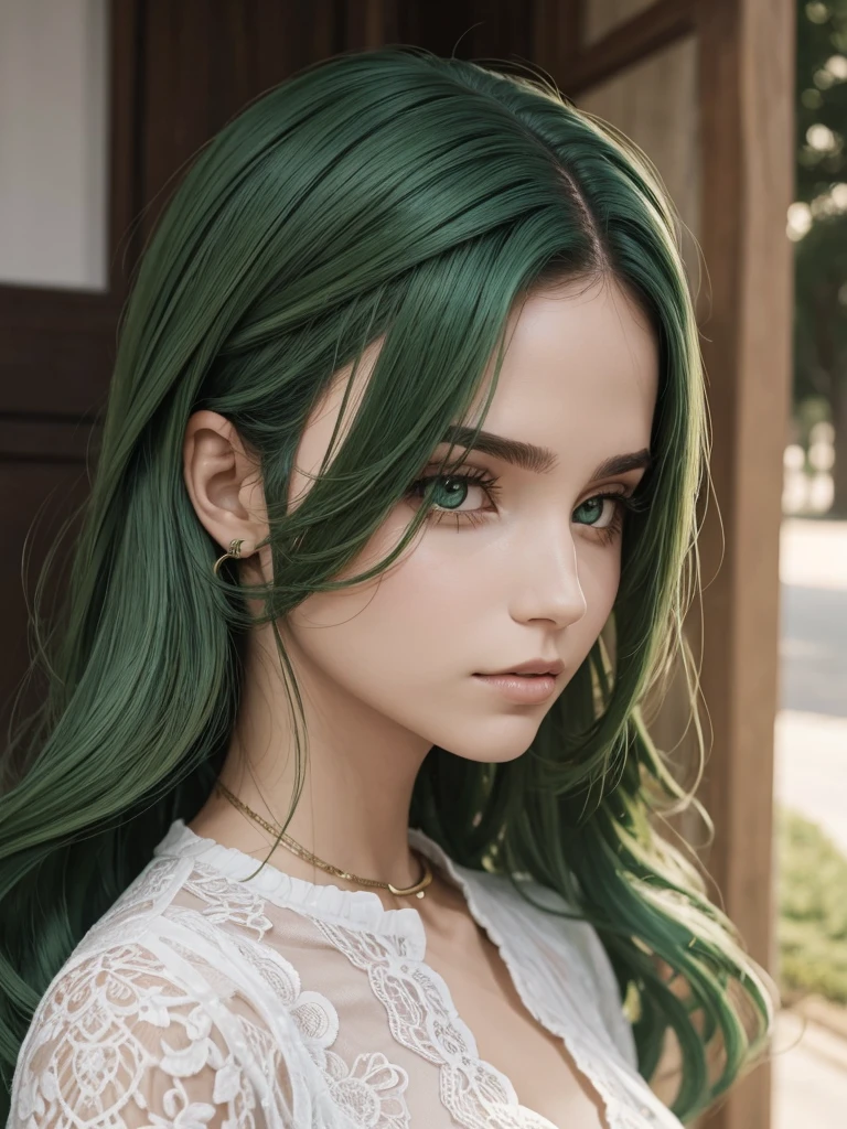 a girl. face sent feeling. Europe. Oval face. long face. delicate facial features. sad eyes. seductively seductive. green eyes. long straight hair. green hair like. adorable expression. scared. big body. long pleated skirt. straight face