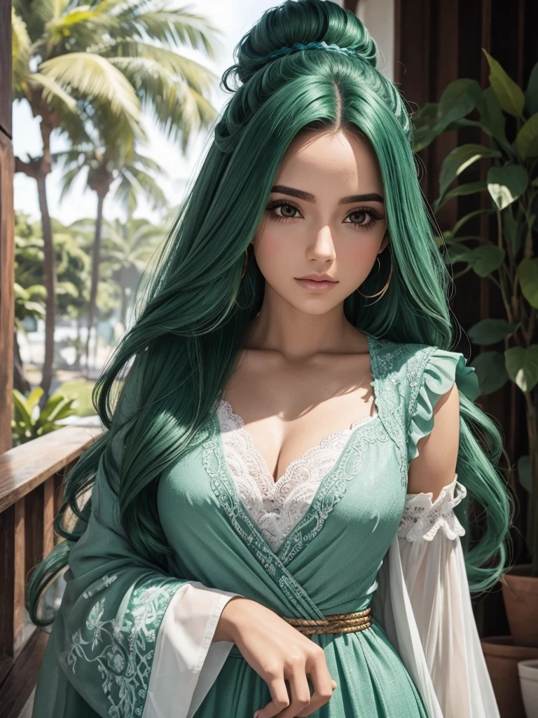 Mulher de cabelo verde longo e rosto arredondado . Roupa de couro 