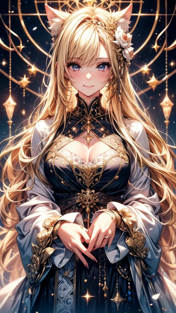 Highly Detailed CG Unity 8K Wallpaper, pretty girl, Mature blonde girl, Half Up,beautiful girl, Hot Maiden, Pale skin (super masterpiece, Fantasy art with intricate detail:1.5,Beautiful person, Well detailed face polluted smile, Her flat chest is completely hidden by her dress、Realistic, Surreal), Pray to the stars,Girl holding cute white cat with big eyes in her arms