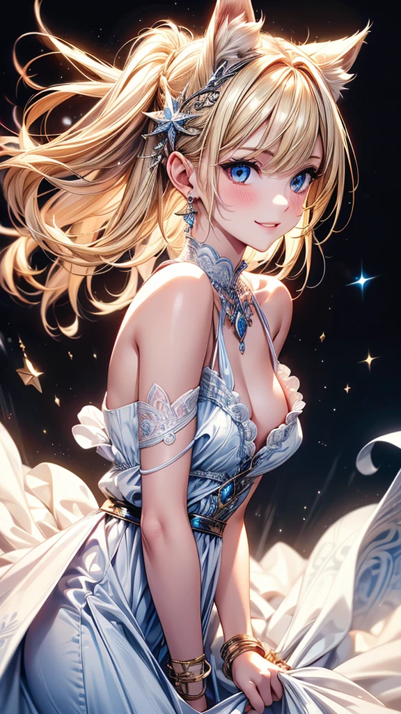 Highly Detailed CG Unity 8K Wallpaper, pretty girl, Mature blonde girl, Half Up,beautiful girl, Hot Maiden, Pale skin (super masterpiece, Fantasy art with intricate detail:1.5,Beautiful person, Well detailed face polluted smile, Her flat chest is completely hidden by her dress、Realistic, Surreal), Pray to the stars,Girl holding cute white cat with big eyes in her arms