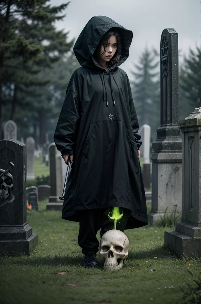 a skull with a hood and a scythe in a cemetery with several green souls emerging from the graves