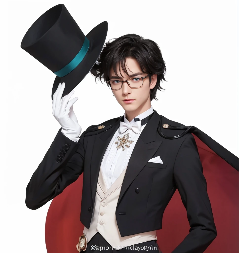Amazingly detailed and ultra-realistic young man, just like in the movie. Half Body. He is wearing a tuxedo over a white vest and a white shirt., Back shoes and black watch, Red inside. He is handling the topper that lies close to his head. Octane、The perfect tool to capture the softest details of this 16k photography masterpiece.。. He is a handsome white man in his 30s.. One boy. Asian. Beautiful Face. Detailed face. Beautiful Nose. (Quite large turquoise eyes). Shaven. He has short black hair. Messy black hair. ((Shaven)).