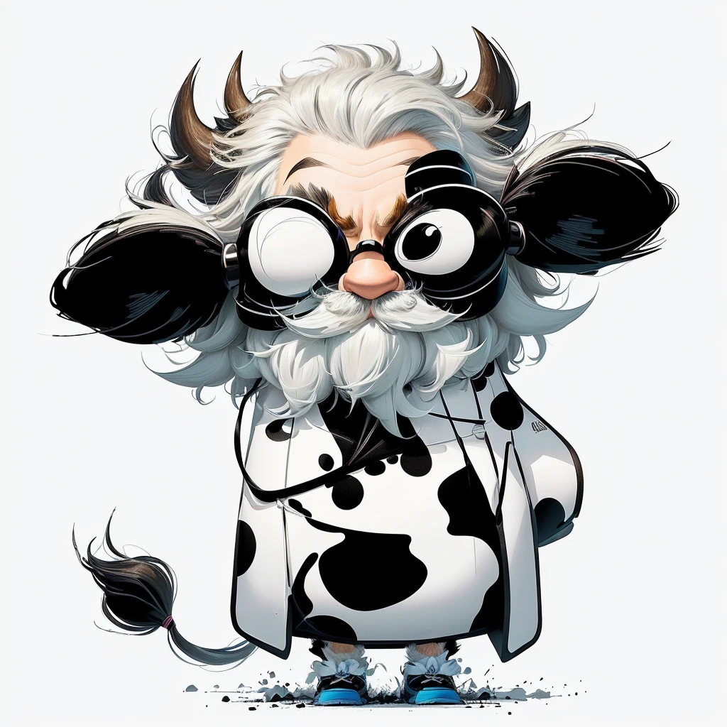 Design a cartoon version of the company logo featuring Albert Einstein characteristics. Incorporate exaggerated bushy eyebrows, a thick mustache, and wild, crazy hair. Use bright, bold colors and a playful style to create a fun, eye-catching logo transformation, cow with Albert Einstein looks.