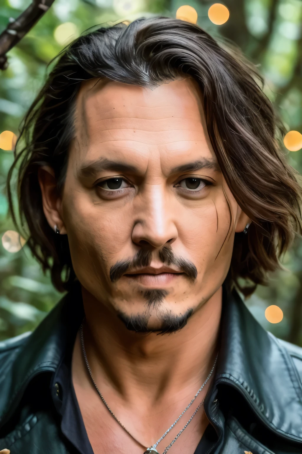 masterpiece, johnny depp walking through the jungle (night among fireflies), (high detail:1 1), rough face, natural skin, high quality, nsfw, beautiful eyes, (detailed face and eyes), (face: 1 2), noise, extra, real photo, PSD, lamp film photography, sharp focus, contrast lighting, detailed skin, high resolution 8k, crazy detail, realistic, professional photography, 8k UHD, SLR camera, soft lighting, high quality, film grain, Fujifilm XT3