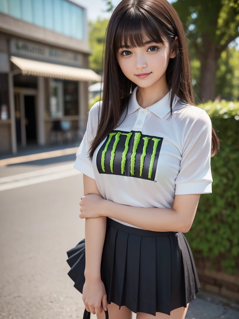 (8k, RAW Photos, highest quality, masterpiece:1.2), (Realistic, photo-Realistic:1.4), (Highly detailed 8k wallpaper), ((Full Body Shot)), (1 girl), Sharp focus, Depth of written boundary, Cinematic lighting, Soft Light, 緻密な美しさのeye, eye_Chan, Very beautiful 17 year old girl, innocent big eyes, Realistic, photo Realistic, Highly detailed cute girl, (Thin thighs), (Model Body Type), 18-year-old, (((Monster Energy Yamaha MotoGP polo shirt))), ((Micro Mini Pleated Skirt)), (((Fold your arms in front of your chest and act arrogantly))), ((A happy smile)), Parted lips, Watching the audience, (On the streets of Britain) , (Brown Hair),(Long Bob Hair), (Asymmetrical bangs)