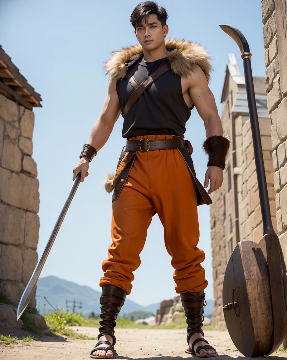 Youth with short black hair and brown eyes, fair skin and clean-shaven, dressed in short orange medieval barbarian fur tunic and trousers, weilding giant axe, sandals; fullbody; short hair, masculine, athletic