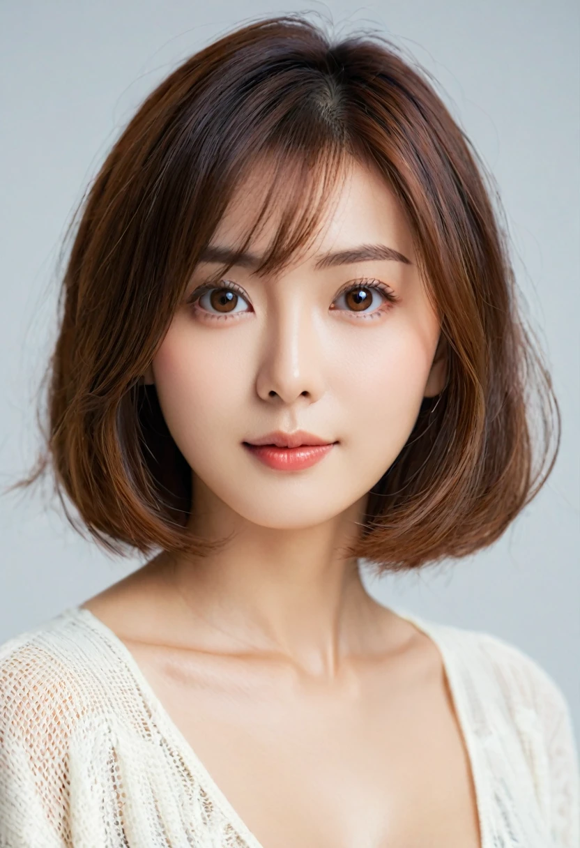 masterpiece、highest quality、High resolution、Realistic、Bright lighting、Smooth lighting、Japanese women、Adult pretty woman、so beautiful、Beautiful Skin、slim、Medium sized big breasts、short hair、Shiny brown hair、Brown eyes、Gentle expression、Looking at the camera、Big eyes、YouTube、Translucent white skin、28 years old、Baby Face、Droopy eyes、Head and all、light makeup、Hide your chest、whole body、