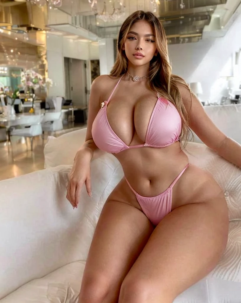 A closeup of a woman in a pink bikini sitting on a sofa, cuerpo sexy caliente, cuerpo sexy, chica sexy, hermoso cuerpo y cara, cuerpo grueso, grueso, belleza asombrosa, cuerpo rosa, Cuerpo perfecto, hermoso cuerpo y rostro detallados, bikini model, Cuerpo suave, hermosa modelo de bikini, cuerpo atractivo, cuerpo sexy and face, cuerpo con curvas, pechos enormes muy grandes, caderas amplias, cintura delgada