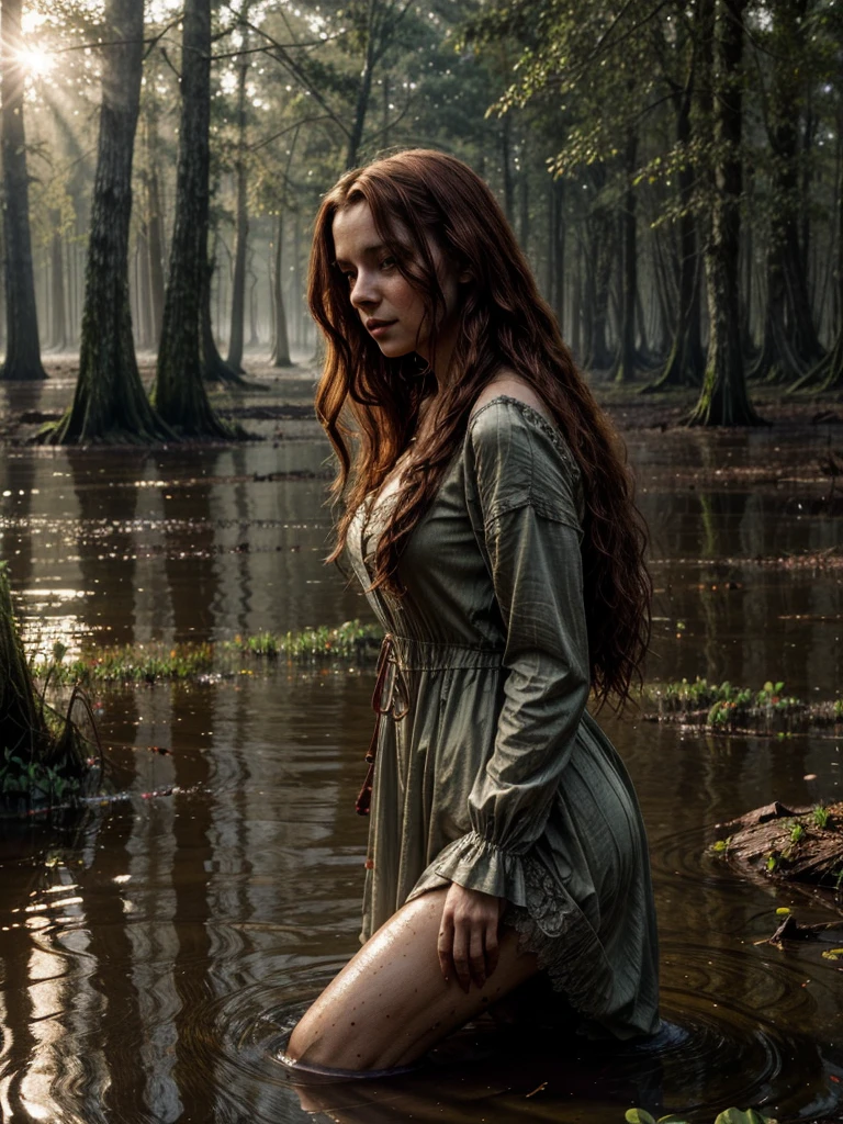 Jan Matejko's style. A close up portrait depicting a mature woman as Ophelia in sunlight with dirty, long red wavy hair. A pose full of resignation. Side view. Wearing a worn and torn long lace dress from the Middle Ages. She stands knee-deep in water. The long dress is wet and stained with mud. All around there is a dense and gloomy swampy forest shrouded in morning fog. Sunlight creates an interesting chiaroscuro, vivid colors. Lots of broken trees and branches. Forest lake in the background.