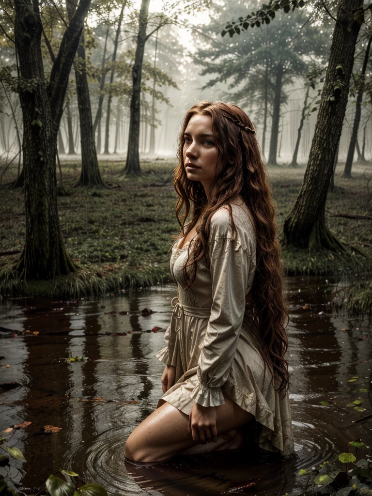 Jan Matejko's style. A portrait depicting a mature woman as Ophelia in sunlight with dirty, long red wavy hair. A pose full of resignation. Side view. Wearing a worn and torn long lace dress from the Middle Ages. She stands knee-deep in water. The long dress is wet and stained with mud. All around there is a dense and gloomy swampy forest shrouded in morning fog. Sunlight creates an interesting chiaroscuro, vivid colors. Lots of broken trees and branches. Forest lake in the background.