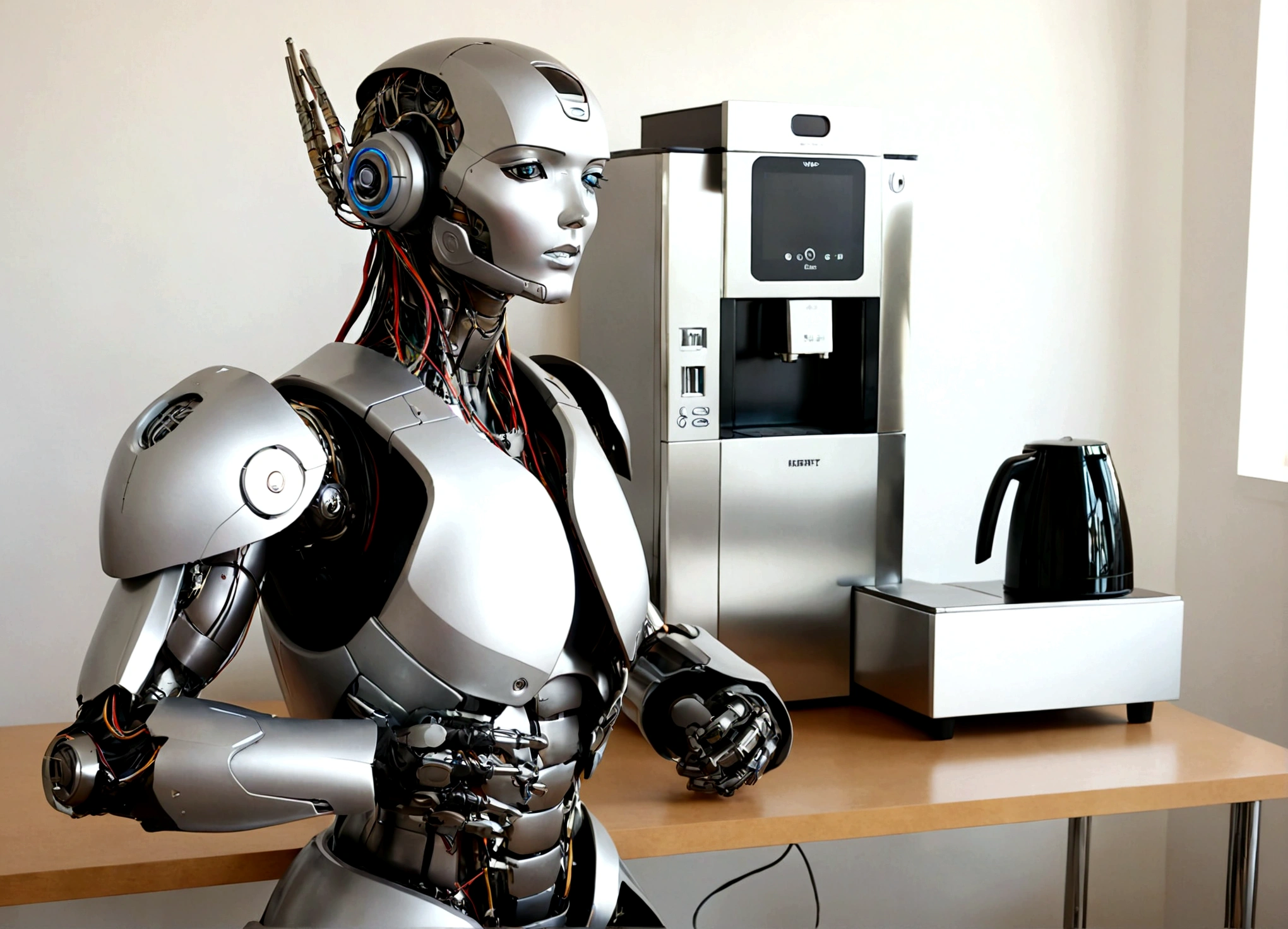 A coffee machine transformer has infiltrated an office break room, it has transformed into a very lovely cyborg in an effort to ?????? a confused office worker