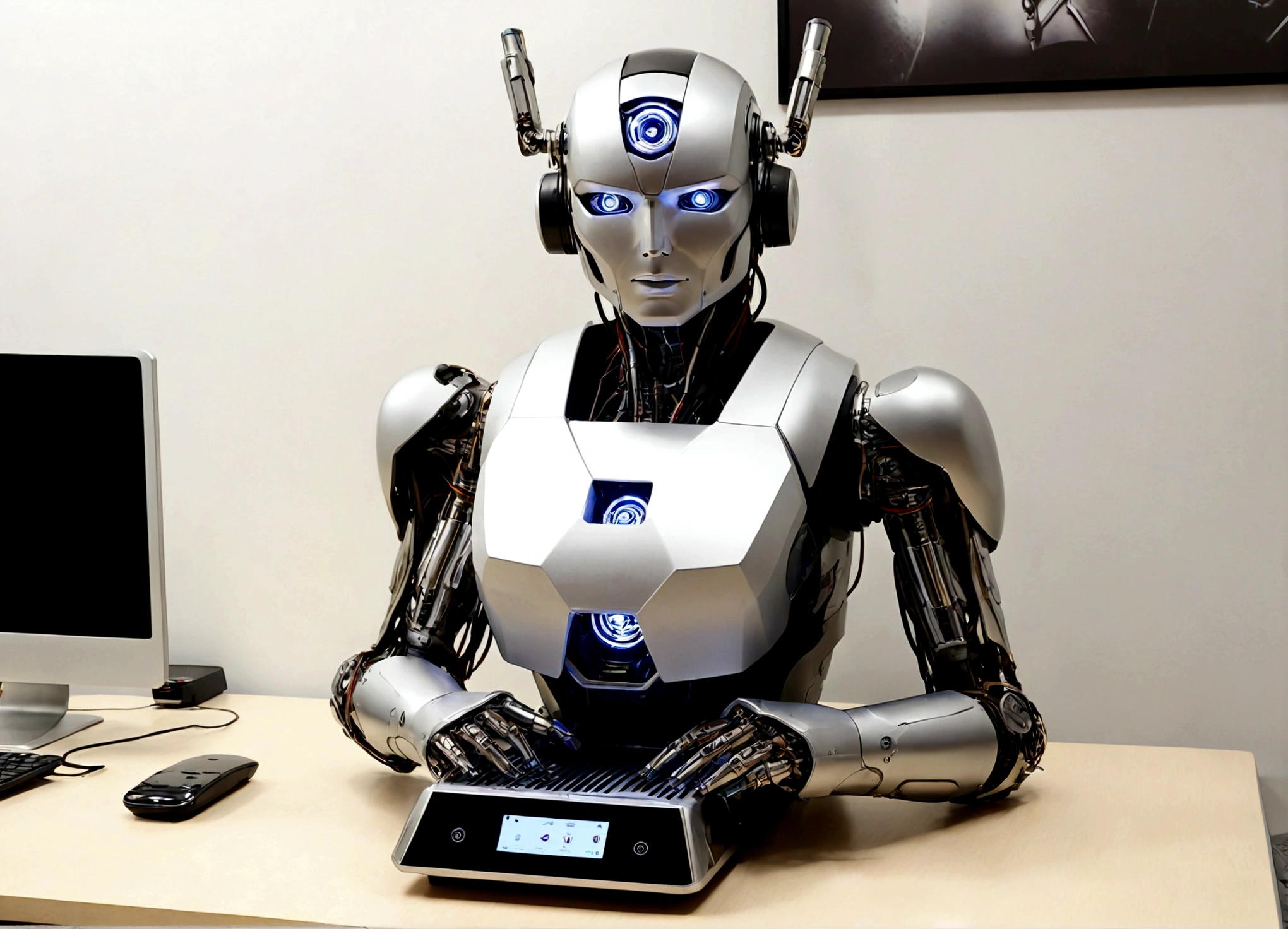 A coffee machine transformer has infiltrated an office break room, it has transformed into a very lovely cyborg in an effort to seduce a confused office worker