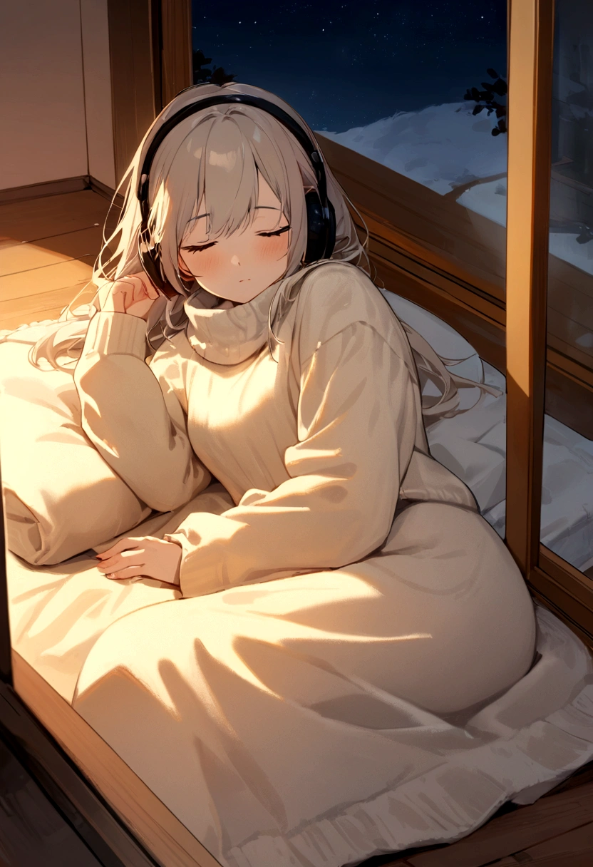 girl, Lying and sleeping, Wearing a large sweater, Wearing headphones, Cover your feet with a blanket, praise, Calm, Calm atmosphere, Looking out the window in her room, nice, night, quiet night, masterpiece, highest quality