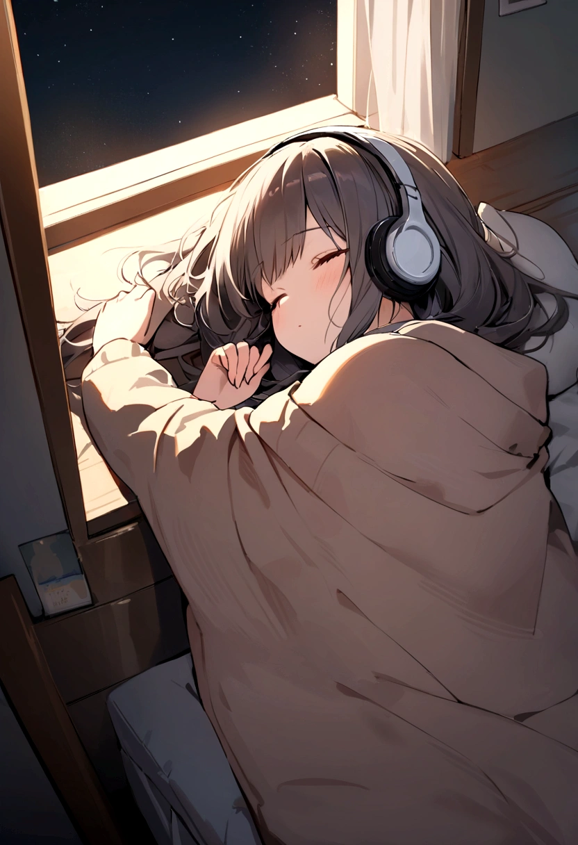 girl, Lying and sleeping, Wearing a large sweater, Wearing headphones, Cover your feet with a blanket, praise, Calm, Calm atmosphere, Looking out the window in her room, nice, night, quiet night, masterpiece, highest quality