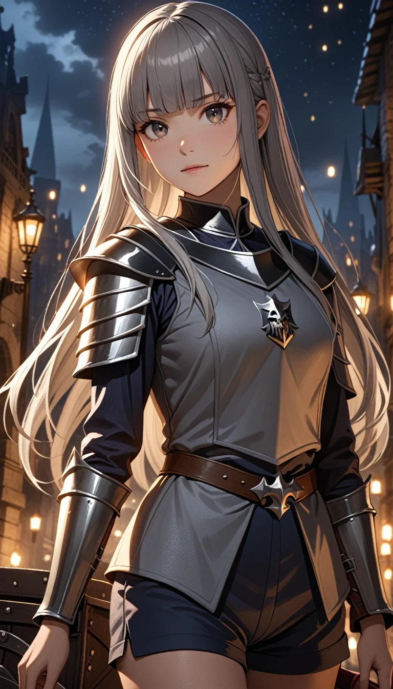 ((Top Quality)), ((Masterpiece)), (Detail), high resolution, Perfect Face, Fine Eyes, Depth of Field, Special Shading, (photorealistic), (upper body), (1 beautiful girl), demon, medium breasts, (grey hair, very long hair, blunt bangs), ((knight wagon uniform, short pants)), fantasy, Smooth anime CG art, Light particles, Lost City at night