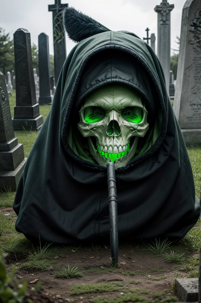 a skull with a hood and a scythe in a cemetery with several green souls emerging from the graves