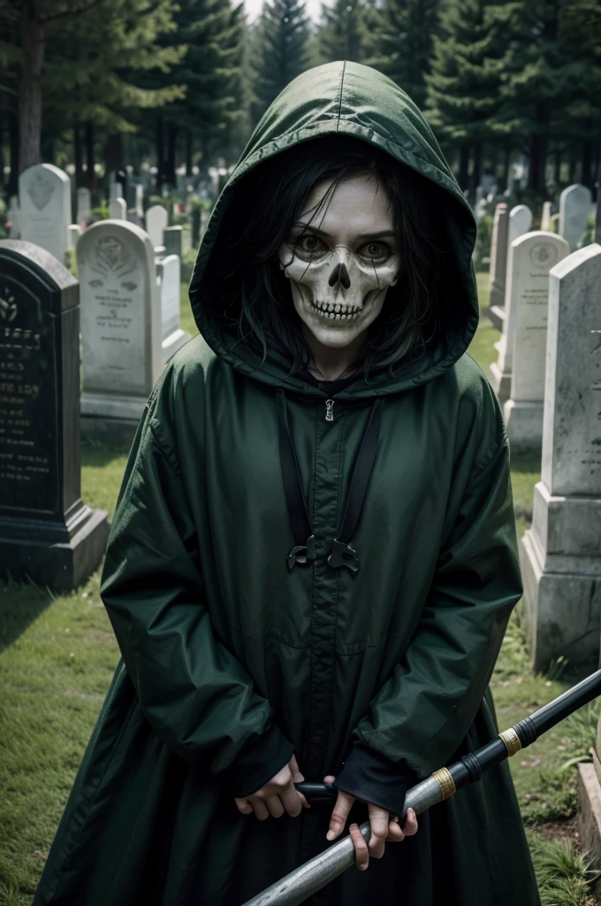 a skull with a hood and a scythe in a cemetery with several green souls emerging from the graves
