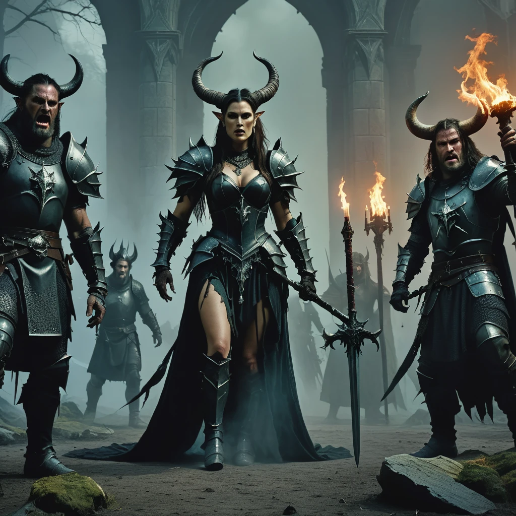 A group of menacing knights, a woman with horns, a large orc woman, a feral wild girl, and a mad wizard, ultra detailed, highly realistic, photorealistic, cinematic lighting, dramatic composition, dark fantasy art, muted color palette, chiaroscuro lighting, moody atmosphere, cinematic camera angle, intricate details, impeccable rendering, masterpiece