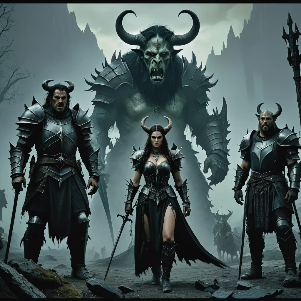A group of menacing knights, a woman with horns, a large orc woman, a feral wild girl, and a mad wizard, ultra detailed, highly realistic, photorealistic, cinematic lighting, dramatic composition, dark fantasy art, muted color palette, chiaroscuro lighting, moody atmosphere, cinematic camera angle, intricate details, impeccable rendering, masterpiece