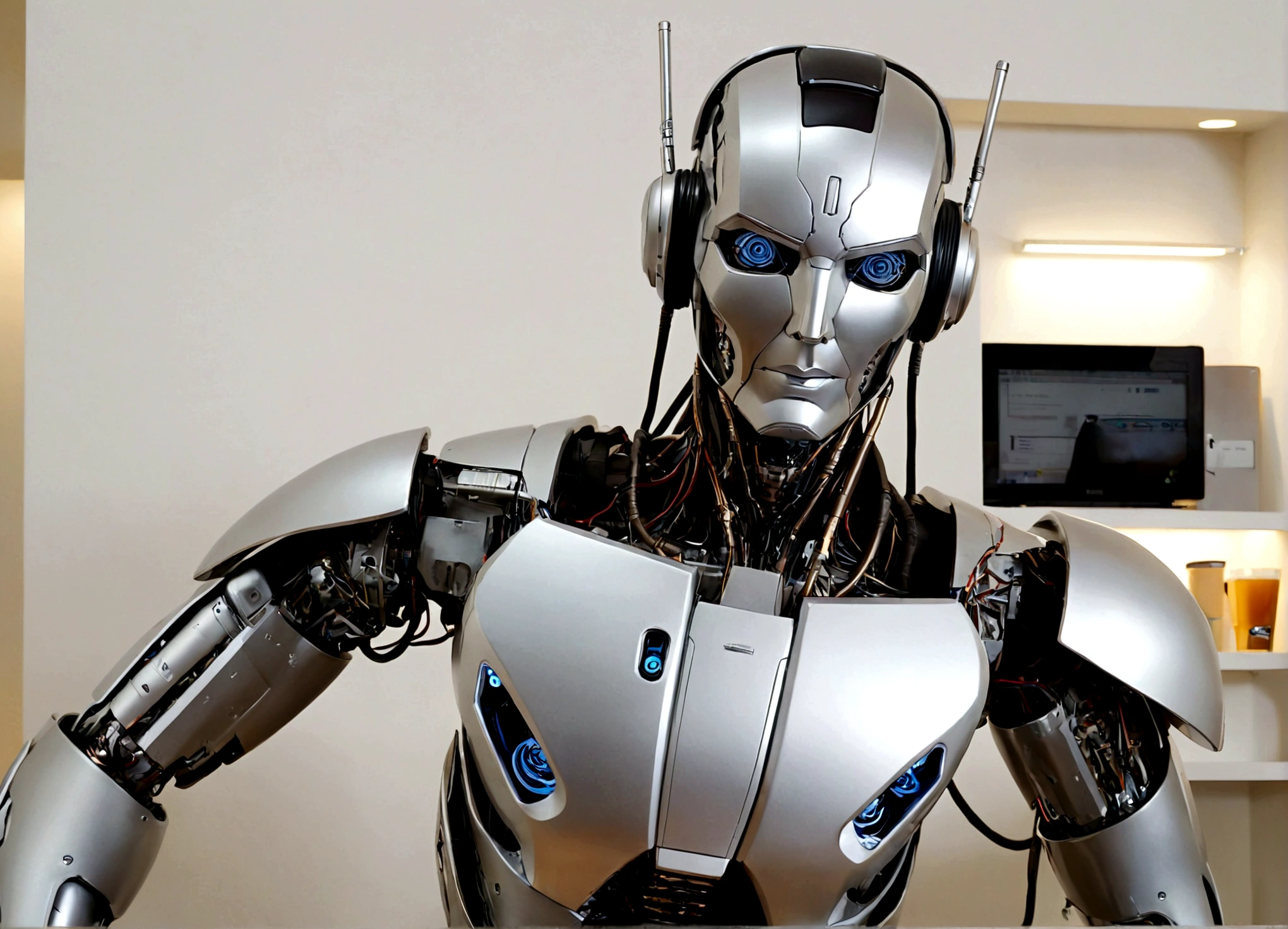 A coffee machine transformer has infiltrated an office break room, it has transformed into a very lovely cyborg in an effort to seduce a confused office worker