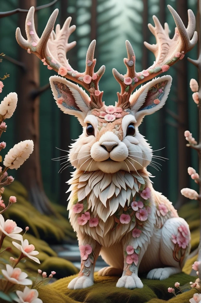 cute jackalope with Whimsical nature made of DonMS4kur4XL, Intricate details, Whimsical, 2 heads,smile，Illustrations of the highest quality, masterpiece