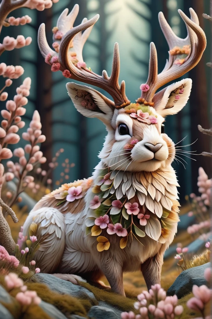 cute jackalope with Whimsical nature made of DonMS4kur4XL, Intricate details, Whimsical, 2 heads,smile，Illustrations of the highest quality, masterpiece