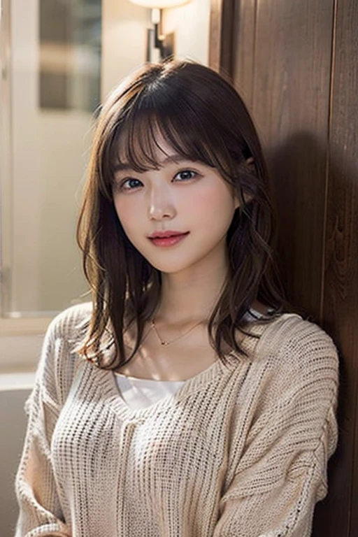 ((night, Realistic Light, highest quality, 8k, masterpiece: 1.3)), One girl, Slim Beauty: 1.4, Abdominal muscles: 1.1, (Brown Hair, Medium chest: 1.3), Pink long sweater: 1.1, Bathroom, Super Fine Face, Delicate eyes, double eyelid, smile, necklace