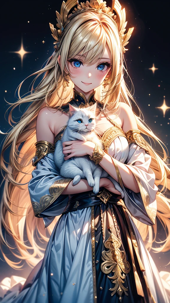 Highly Detailed CG Unity 8K Wallpaper, pretty girl, Mature blonde girl, Half Up,beautiful girl, Hot Maiden, Pale skin (super masterpiece, Fantasy art with intricate detail:1.5，Beautiful person, Well detailed face polluted smile, Her flat chest is completely hidden by her dress、Realistic, Surreal), Pray to the stars,Girl holding cute white cat with big eyes in her arms