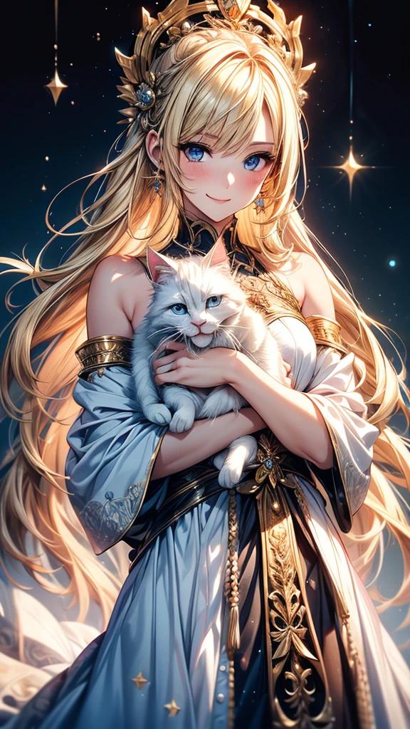 Highly Detailed CG Unity 8K Wallpaper, pretty girl, Mature blonde girl, Half Up,beautiful girl, Hot Maiden, Pale skin (super masterpiece, Fantasy art with intricate detail:1.5，Beautiful person, Well detailed face polluted smile, Her flat chest is completely hidden by her dress、Realistic, Surreal), Pray to the stars,Girl holding cute white cat with big eyes in her arms