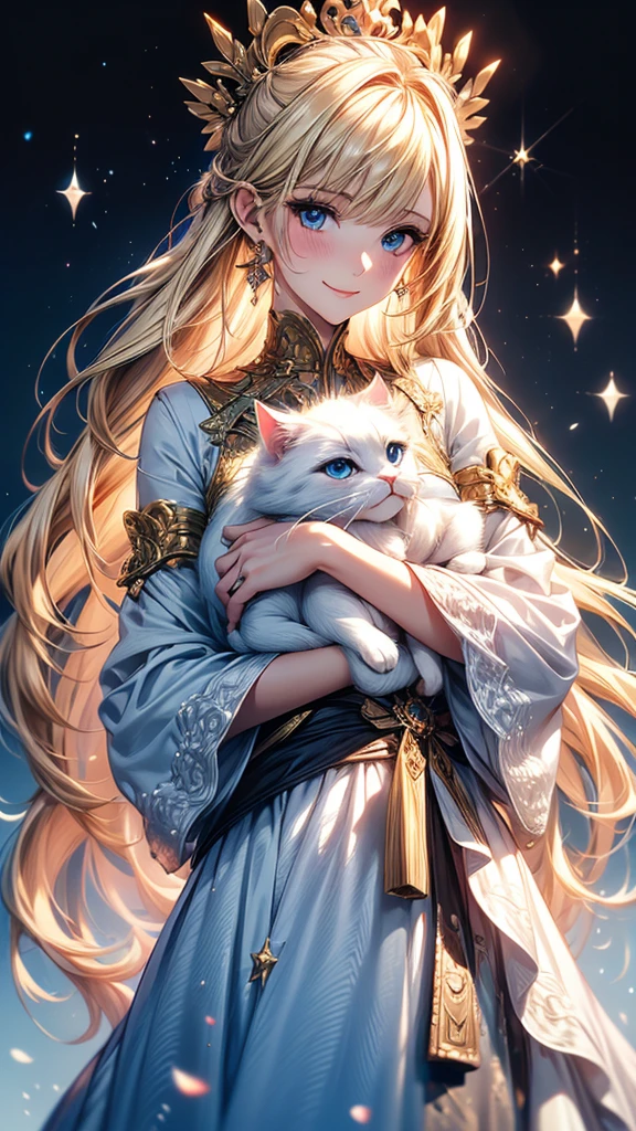 Highly Detailed CG Unity 8K Wallpaper, pretty girl, Mature blonde girl, Half Up,beautiful girl, Hot Maiden, Pale skin (super masterpiece, Fantasy art with intricate detail:1.5，Beautiful person, Well detailed face polluted smile, Her flat chest is completely hidden by her dress、Realistic, Surreal), Pray to the stars,Girl holding cute white cat with big eyes in her arms