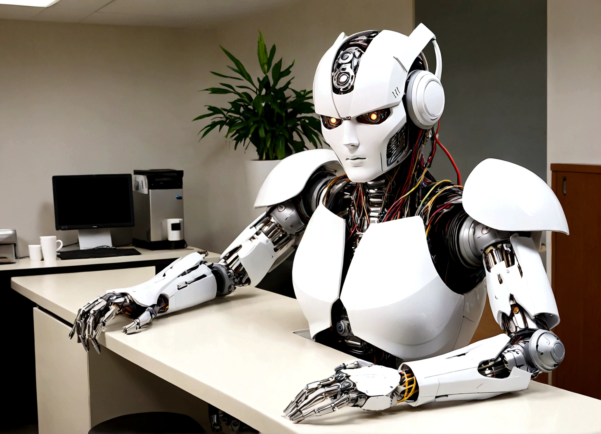 A coffee machine transformer has infiltrated an office break room, it has transformed into a very lovely cyborg in an effort to seduce a confused office worker
