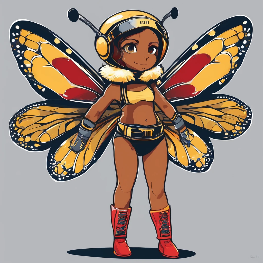 Illustration d'une abeille en style cartoon. Elle est debout sur ses pattes arrière, Elle porte de grands gants de boxe rouges qui sont bien visibles et contrastent avec ses petites pattes. Son corps est typique des abeilles, avec des rayures jaunes et noires distinctes, transparent, slightly bluish wings, et de grands yeux expressifs. She also has a championship belt around her waist, ornée d'une grande étoile dorée au centre.. Colors are bright and vibrant, giving the whole thing an energetic and positive atmosphere."