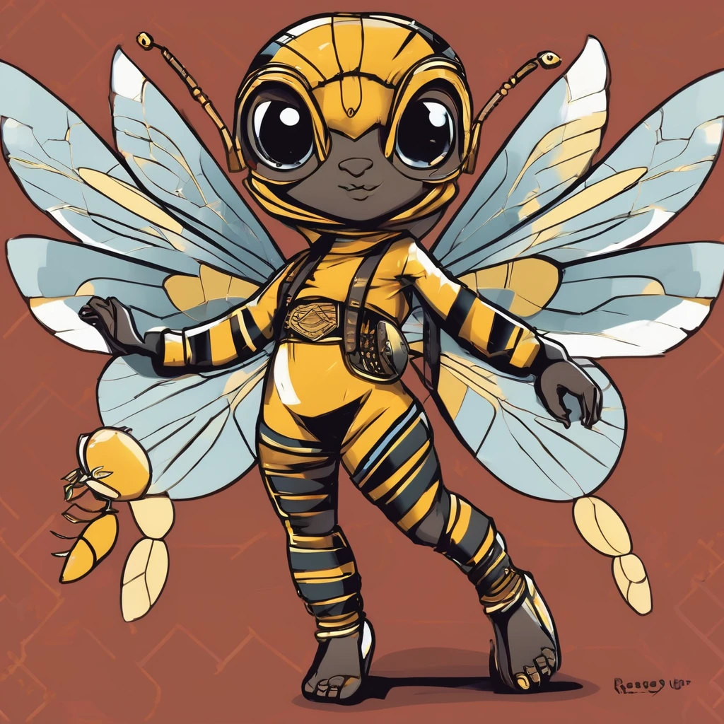 Illustration d'une abeille en style cartoon.  Elle est debout sur ses pattes arrière, Elle porte de grands gants de boxe rouges qui sont bien visibles et contrastent avec ses petites pattes. Son corps est typique des abeilles, avec des rayures jaunes et noires distinctes, transparent, slightly bluish wings, et de grands yeux expressifs. She also has a championship belt around her waist, ornée d'une grande étoile dorée au centre.. Colors are bright and vibrant, giving the whole thing an energetic and positive atmosphere."
