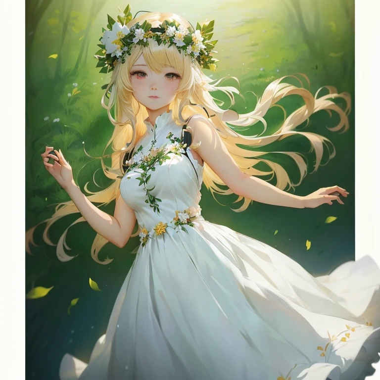 anime girl in a white dress with a flower crown on her head, in dress, cute anime waifu in a nice dress, guweiz on pixiv artstation, digital art on pixiv, beautiful anime portrait, beautiful anime girl, guweiz on artstation pixiv, goddess of nature, blonde anime girl with long hair, beautiful maiden