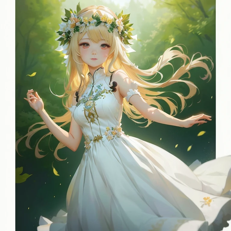 anime girl in a white dress with a flower crown on her head, in dress, cute anime waifu in a nice dress, guweiz on pixiv artstation, digital art on pixiv, beautiful anime portrait, beautiful anime girl, guweiz on artstation pixiv, goddess of nature, blonde anime girl with long hair, beautiful maiden