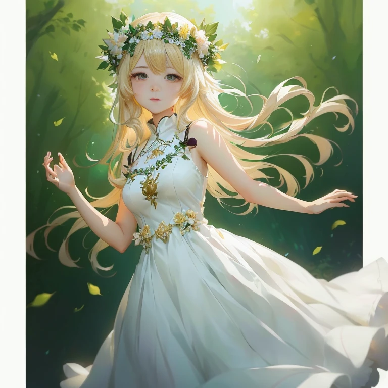 anime girl in a white dress with a flower crown on her head, in dress, cute anime waifu in a nice dress, guweiz on pixiv artstation, digital art on pixiv, beautiful anime portrait, beautiful anime girl, guweiz on artstation pixiv, goddess of nature, blonde anime girl with long hair, beautiful maiden