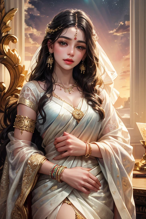(absurderes, A high resolution, Ultra detailed, hdr), Masterpiece, Best quality, Portrait of an Indian
Goddess saraswati, extreme realistic very beautiful, animated style, anime in a(((white))) indian dress (((saree))), long black wavy hair untied, head jewellery, necklace, earings, armlets, bangles and bracelets, rings, pleasant expression, bright big black eyes, natural beauty, vibrant colors, dreamy, northern light, pink bubble, romantic, soft lighting, vintage aesthetic