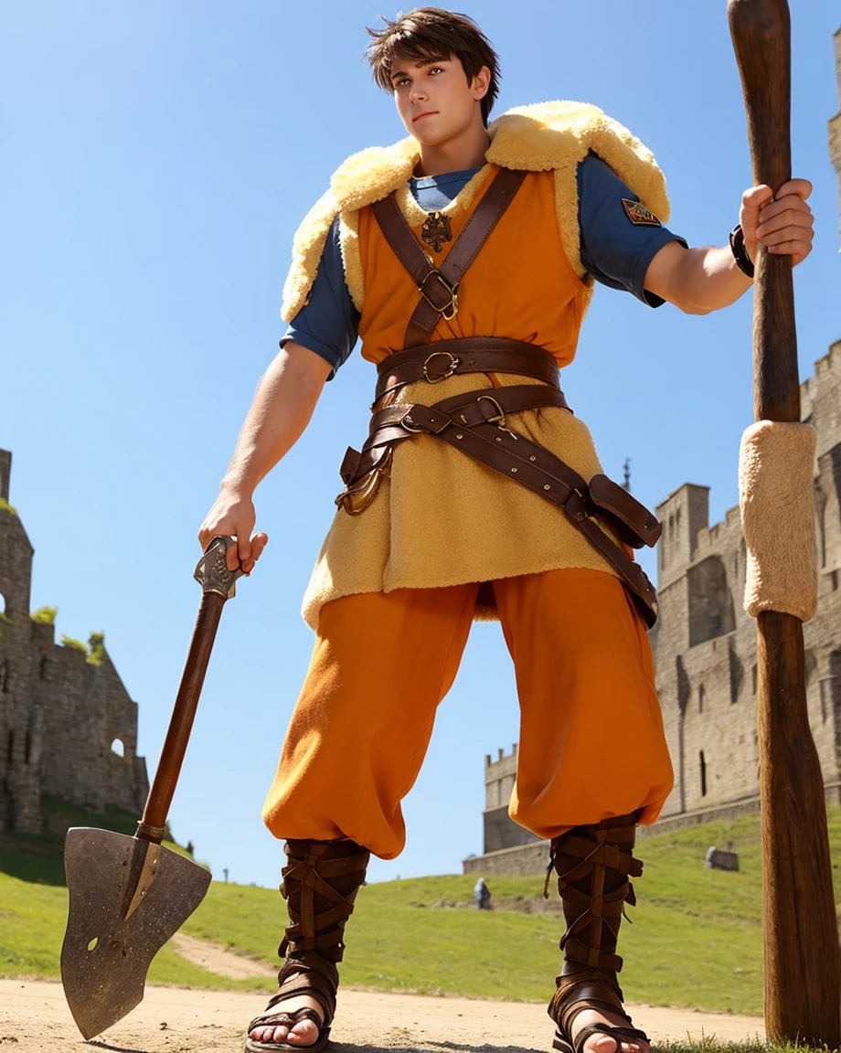 Youth with short black hair and brown eyes, fair skin and clean-shaven, dressed in short orange medieval barbarian fur tunic and trousers, weilding giant axe, sandals; fullbody; short hair, masculine, athletic