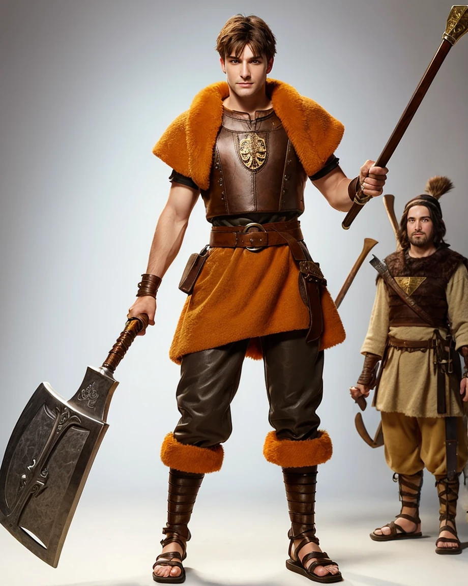 Youth with short black hair and brown eyes, fair skin and clean-shaven, dressed in short orange medieval barbarian fur tunic and trousers, weilding giant axe, sandals; fullbody; short hair, masculine, athletic