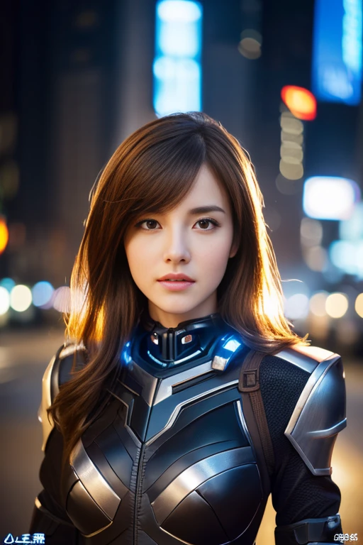 ((realistic lighting, highest quality, 8K, masterpiece:1.3)), concentrated:1.2, 1 girl, perfect figure:1.4, cyber suit,big breasts:1.1, ((dark brown hair)), (cyber suit : 1.4), (outdoor, future city: 1.1), city street, super fine face, fine eyes, double eyelid,